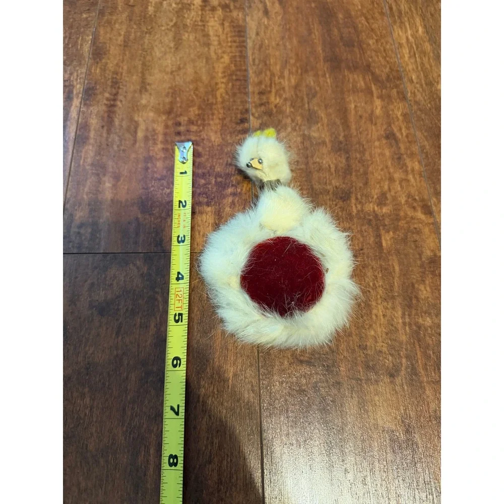 Vintage White Rabbit Fur Swan Pin Cushion Red Velvet Center Sewing Accessory